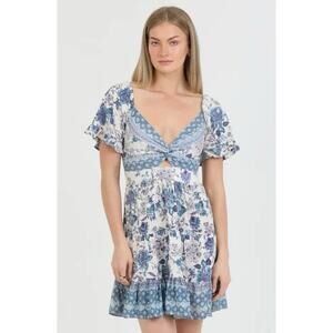 Angie Floral Boho Mini Dress S Blue White Rayon Smocked Waist Flutter Sleeve
